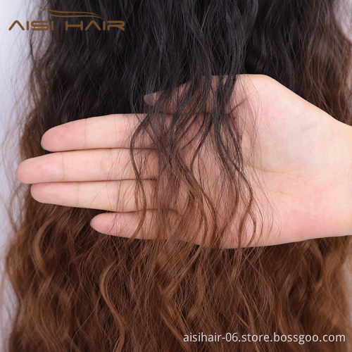 Aisi Hair Black Mixed Brown Long Wavy Drawstring Ponytail Hairpiece Heat Resistant Synthetic Hair Clip In Extensions For Women
